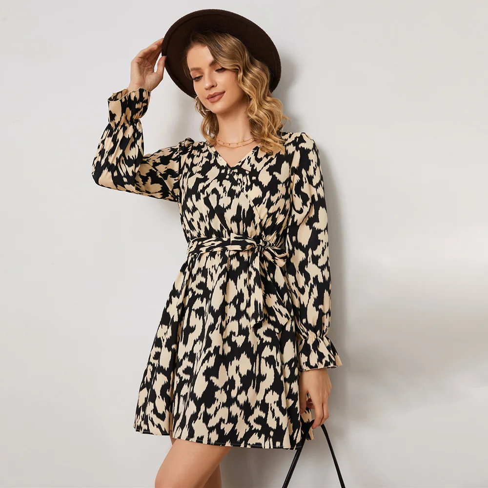

Summer Women Clothing 2023 New Arrivals Trendy Fashion Leopard Print Waist V-neck Long-sleeved Mid-waist Strappy A-line Dress