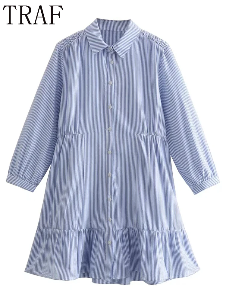 

TRAF 2022 Blue Striped Dress Woman Button Up Shirt Dress Ruffle Casual Short Dresses Women Collared Ruched Cotton Mini Dress