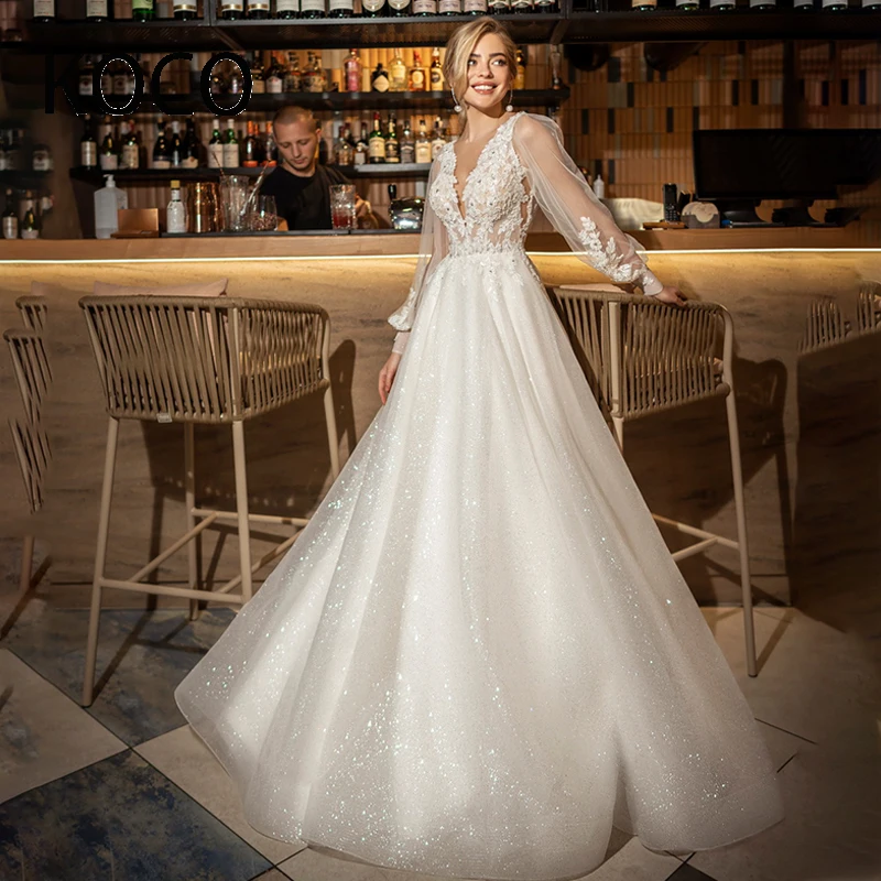 

MACDOUGAL Wedding Dress Vestidos De Novia A-line Shining V-neck Full Sleeves Tea-length Appliques Bridal Gown 2022 Custom Made
