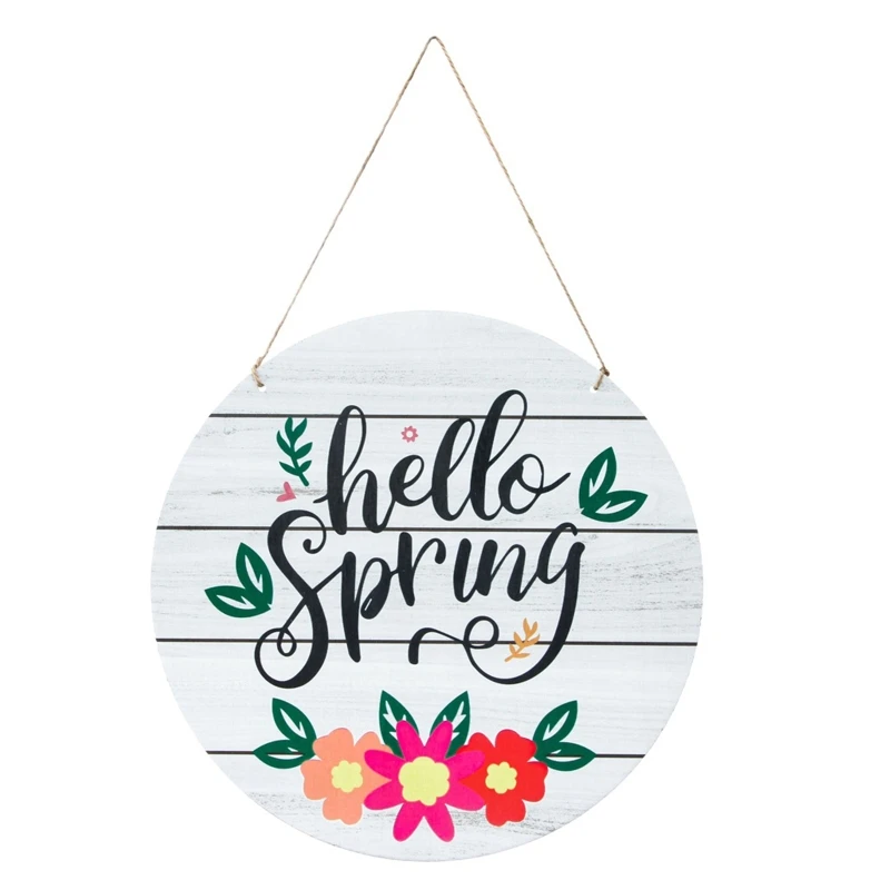 

12 Inches Hello Spring Sign Wooden Easter Front Door Hanger Festival Wall Hanging Plaque Home Garden Decorations