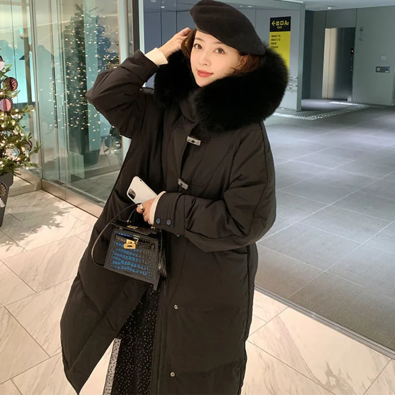 Women's Winter New Big Real Fur White Duck Down Jacket Hooded Middle And Long Korean Over Knee Fashion Elegant Horn Solid Parker