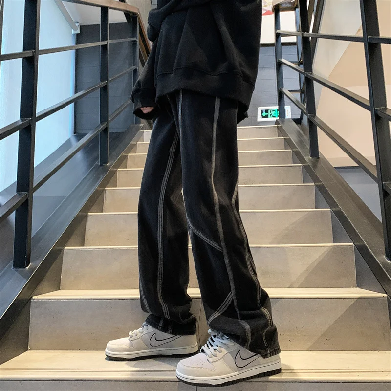 DEEPTOWN Patchwork Straight Jeans Men Hip Hop Streetwear Denim Pants Loose Stripes Casual Trousers Male Fashion Spring Autumn