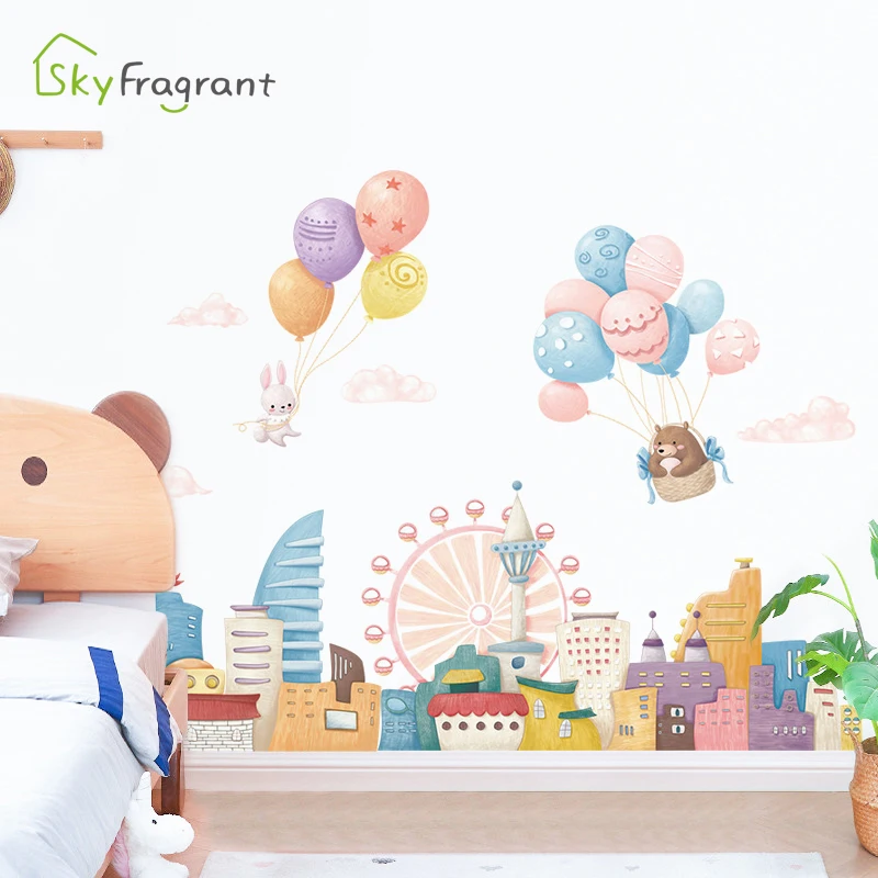 

Cartoon Ferris Wheel City Animal Kids Room Decor Self-adhesive Stickers Bedroom Bedside Background Wall Sticker Home Decoration