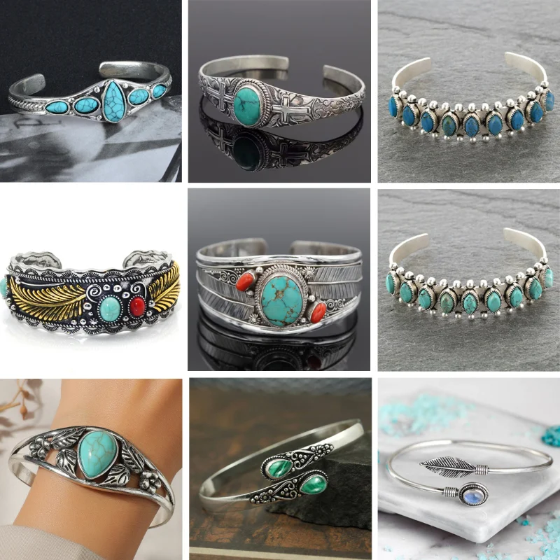 

Vintage Turquoises Jewelry Imitation Natural Stone Bracelets Elegant Open Adjustable Cuff Bangles for Women Men Party Jewelry