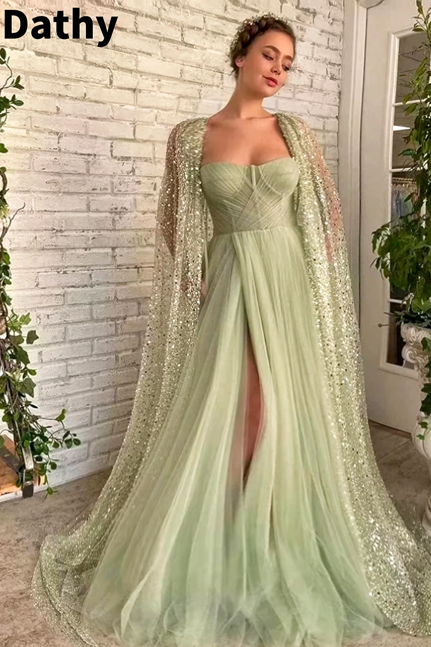 

Dahyl Green Tulle Prom Dress Sexy High Split Sparkling Shawl Sleeves Party Dress Elegant Slim Fit Evening Dress فساتين الحفلات