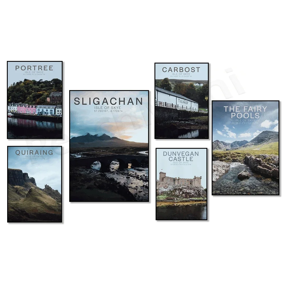 Carbost Talisker Castle Dunvegan Fairy Pool Black Carlins Isle of Skye Scottish Highlands принт дорожного плаката Scotland