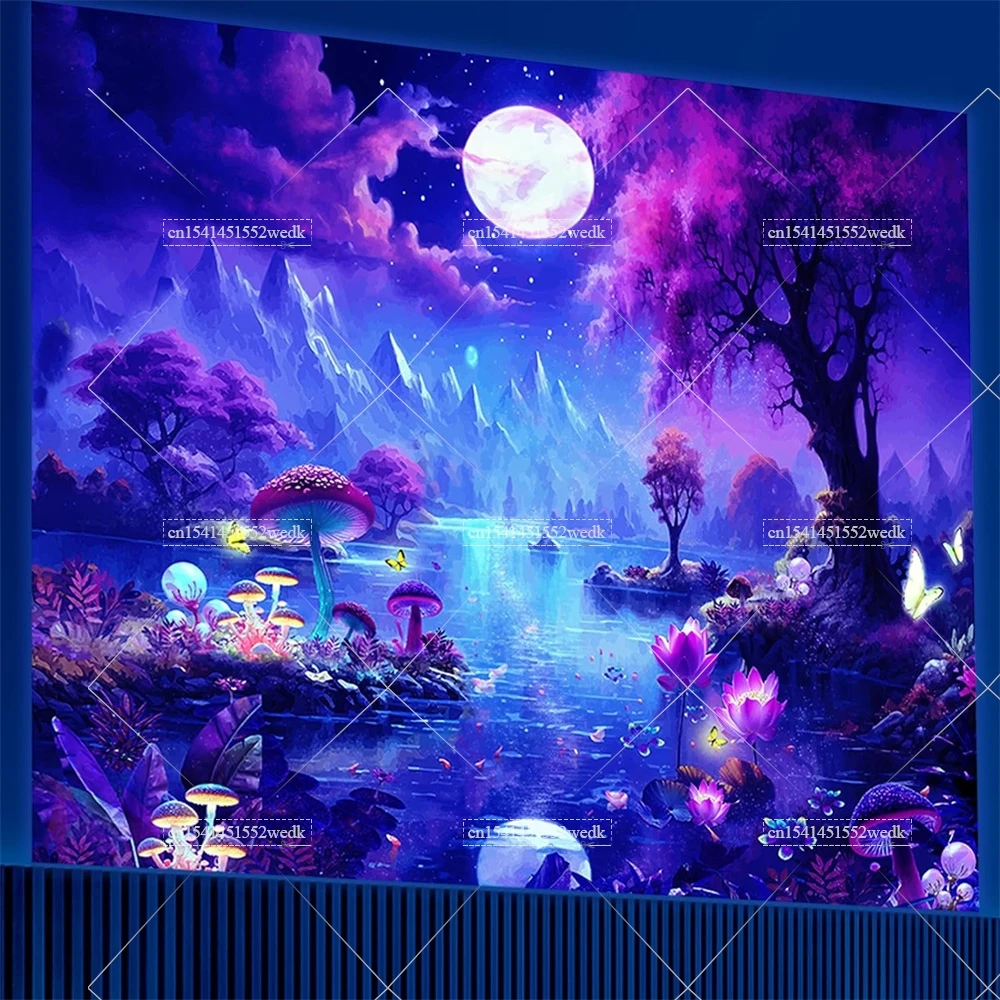 Неоновый гобелен в виде грибов бабочек черного света УФ-реактивный лес горы