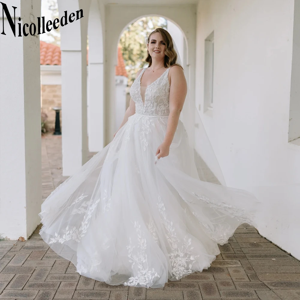 

Nicolle Trendy V-Neck Wedding Dresses 2023 Bride Backless A-LINE Sleeveless Tulle Court Train Lace Appliques Robe De Mariée