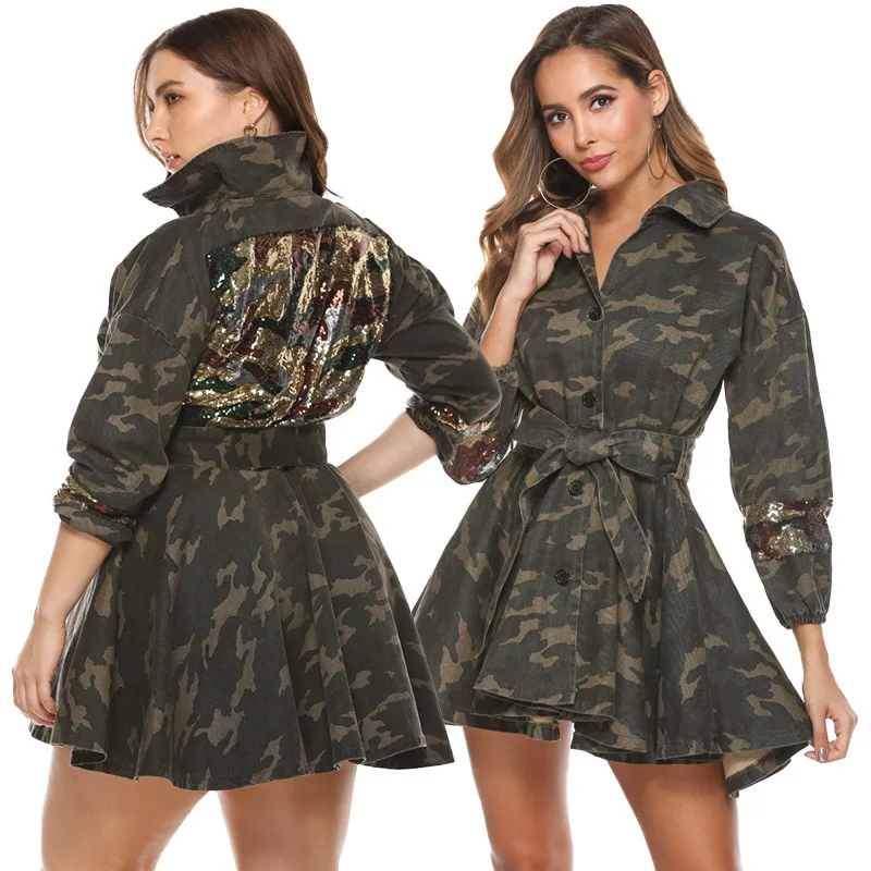 

FNOCE large size women's washed cotton camouflage coat long jacket short dress 2023 spring and autumn new slim dresses S-5XL