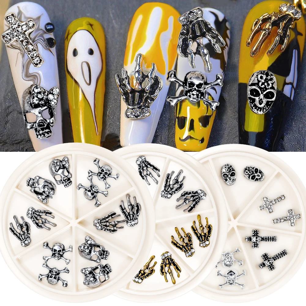 

12pcs/wheel Halloween Metal Nail Charms 3D Retro Alloy Ghost Hand Skeleton Skull Nail Gems Rhinestones Manicure Accessories