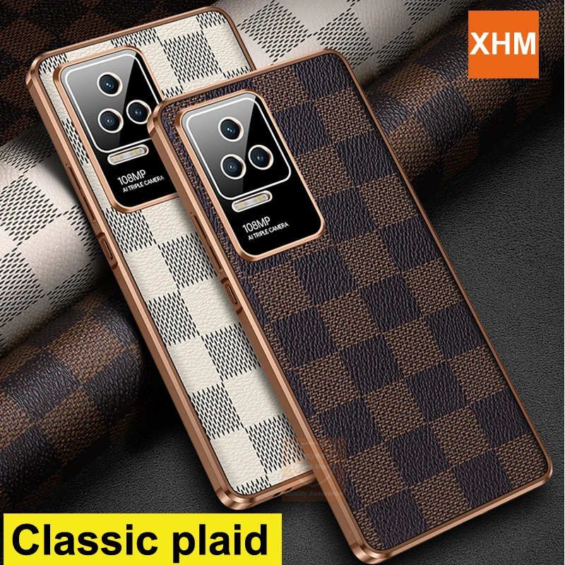 

Grid Geniune Leather Phone Case For Xiaomi Redmi K50 Pro Classic Plaid Case For Xiaomi Redmi K50 Pro K40S Cover Bumper Coque