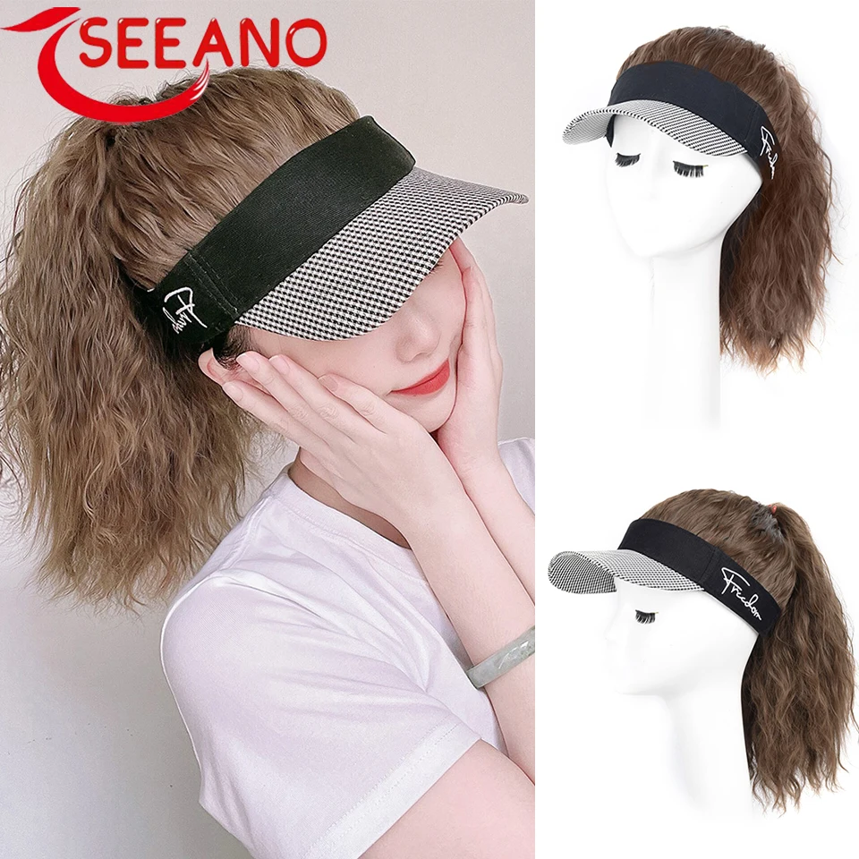 

SEEANO Synthetic Short Curly Hat Wig Female Houndstooth Empty Top Hat Wig Daily Use Black Hat 2022 Spring And Summer New Fashion