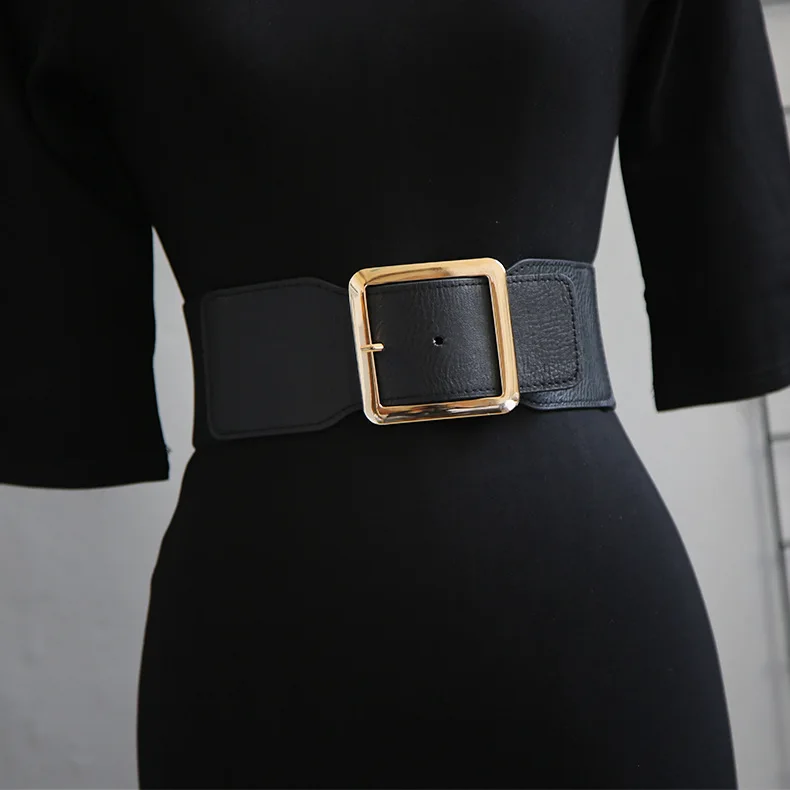 

Fashion Wide Women Belts Elastic PU Leather Cummerbund HOT Big Pin Buckle Gold Metal Waist Belt Waistband Dress Coat Lady Gifts