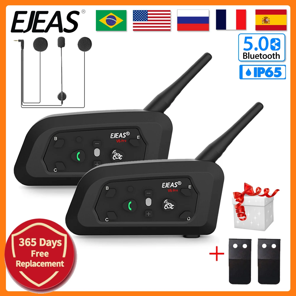 EJEAS V6 Pro Helmet Intercom Headset Motorcycle Bluetooth 1200m BT Interphone Communicator Full Duplex for 6 Riders Waterproof