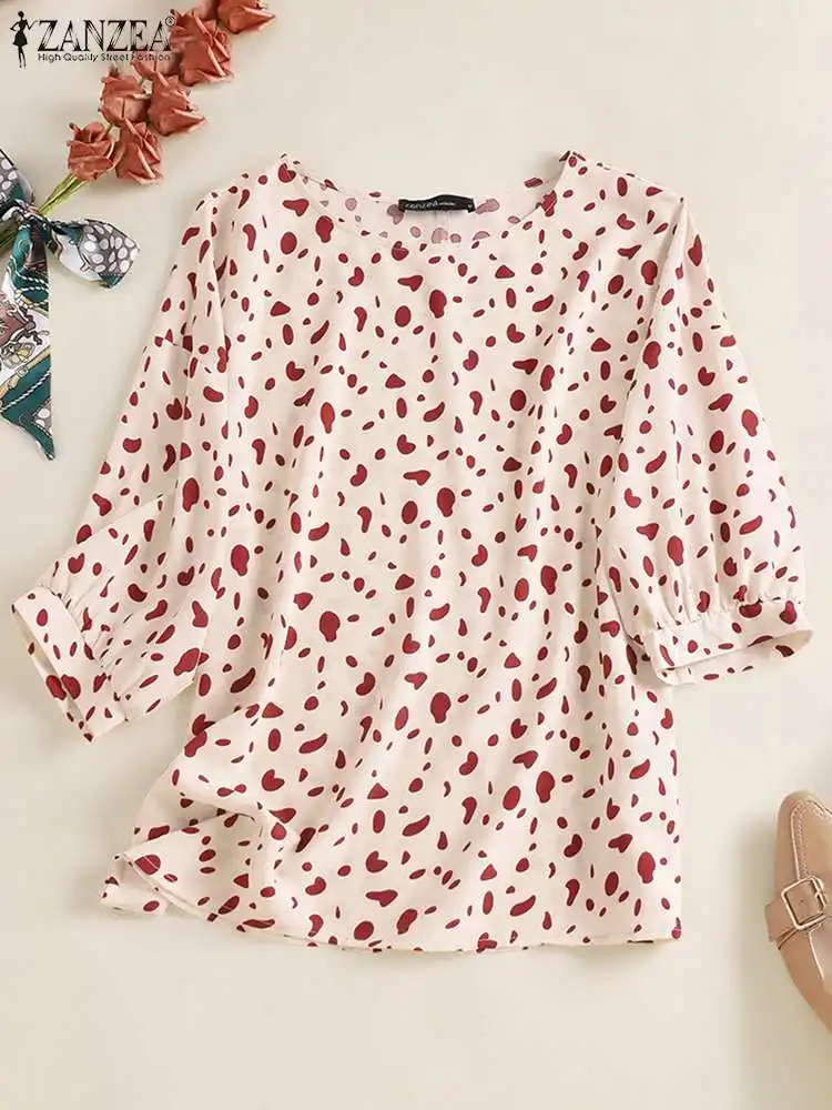 

Блузка ZANZEA женская с богемным принтом, топ с коротким рукавом и круглым вырезом в офисном стиле, рубашка в стиле оверсайз, повседневная одеж...