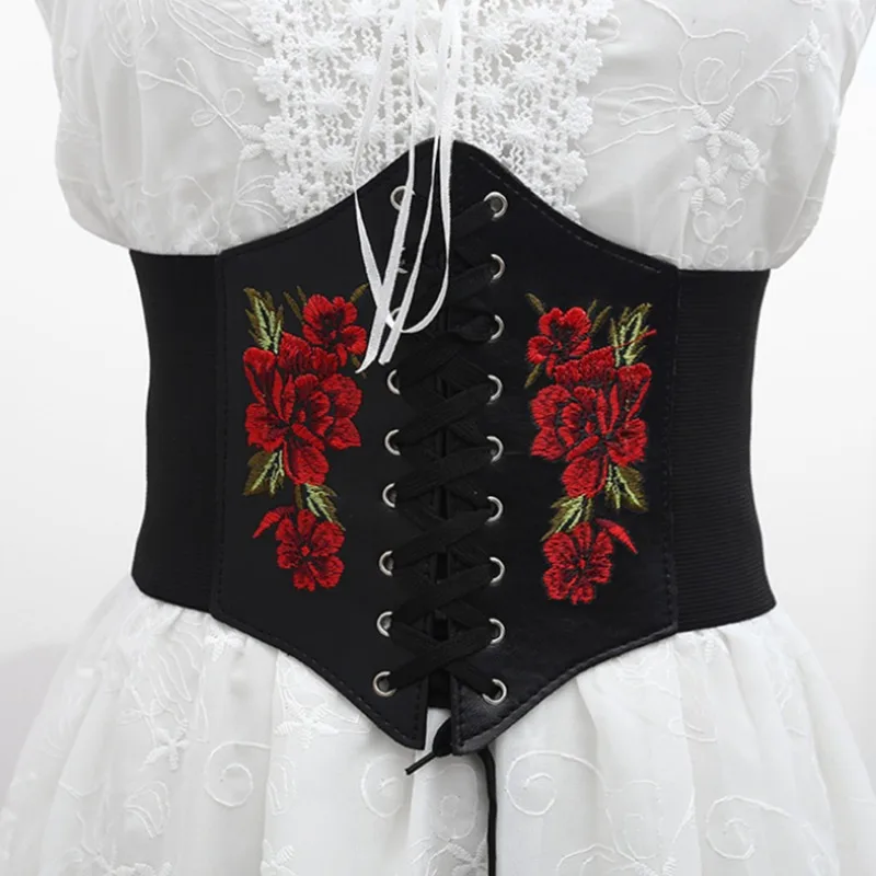 

Embroidered Black Women Belt Flower Floral Waist Corset Beautiful Stretch Elastic Waistband Wide Corset PU Leather Waist Slim