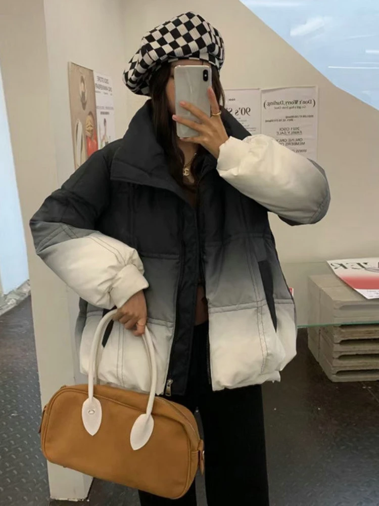 

2022 New Short Stand Collar Two-color Gradient Coat 90% White Duck Down Jacket Casual Warm Simple Outerwear Fashion Streetwear