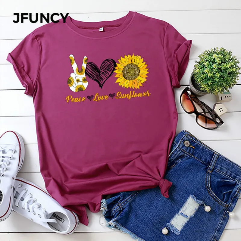 JFUNCY Women Summer T Shirt  Female T-shirts Short Sleeve Cotton Tshirt Peace Love Sunflower Print Lady Casual Tee Tops