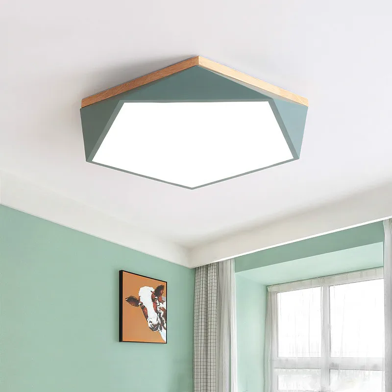 

Modern Geometry Ceiling Lamp Wood Iron Diamond Bedroom Restaurant Hotel Dinning Room Green Gray Macaron Color Light MJ1111