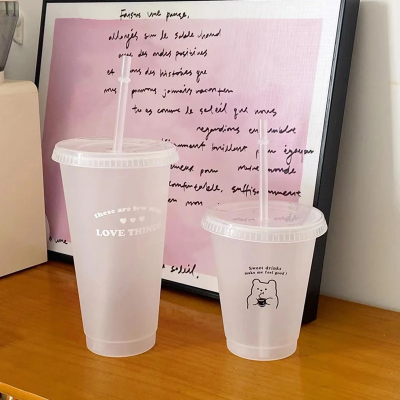 

Cute Water Bottle For Coffee Juice Milk Tea Kawaii Plastic Cold Cups With Lid Straw Portable Reusable Drinking Bottle BPA Free