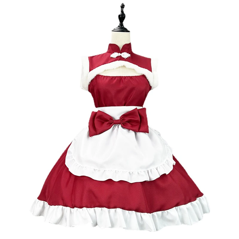 Christmas Cosplay Costumes Bow Kawaii Lolita Sexy Wine Red Maid Outfit Furry Anime Dress Xmas Gift Party Costume Plus Size 5XL