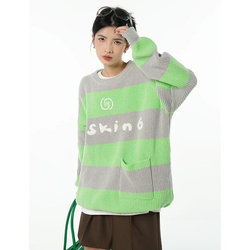 

Women Green Stripe Sweater Round Neck Knitting Pullover Tops Contrasting Colors Letter Fashion Lazy Wind Winter New Long Sleeves