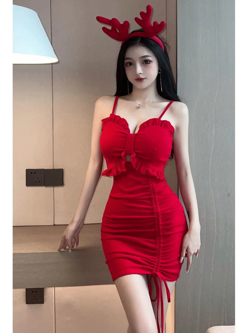 

Новинка лета 2023, женское пикантное однотонное милое модное облегающее плиссированное платье HLBL с запахом на завязках для девушек и женщин