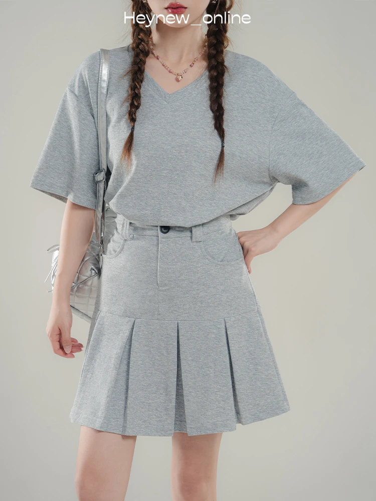 Loveheynew Fashion Idle Sle Dress Outfit Women Summer V-neck Slimming Short sleeve T-shirt Skirt Two-piece Set |