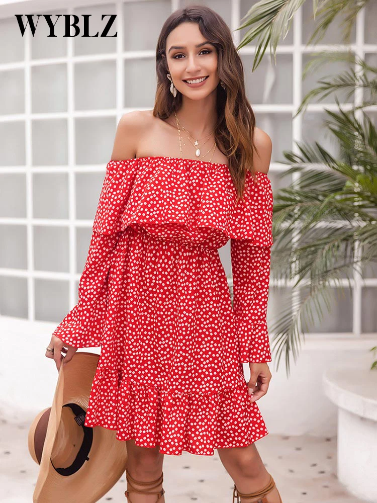 WYBLZ Summer Off Shoulder Mini Dresses Women Elegant Spring Long Sleeve A-line Print Dress Fashion Loose Holiday Women's Dress