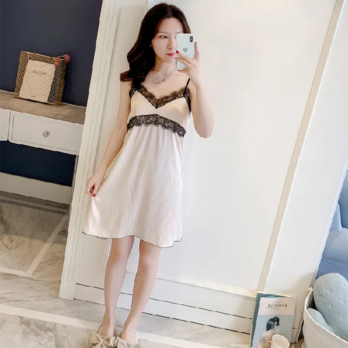 Suspender Nightdress Sexy Sleepwear With Breast Pad Lace Pajamas Women's Sleepdress Summer Homewear Ladies Lingerie Nightgowns