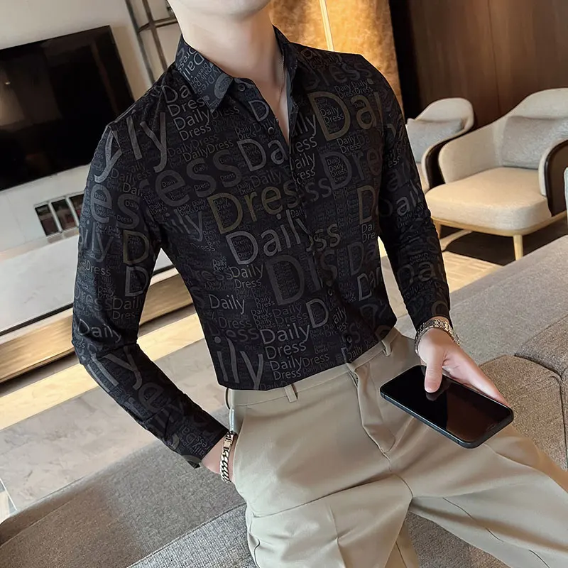 Fashion Letter Print Shirts Men 2022 Autumn Long Sleeve Slim Casual Business Formal Dress Shirt Social Streetwear Tuxedo Blouse