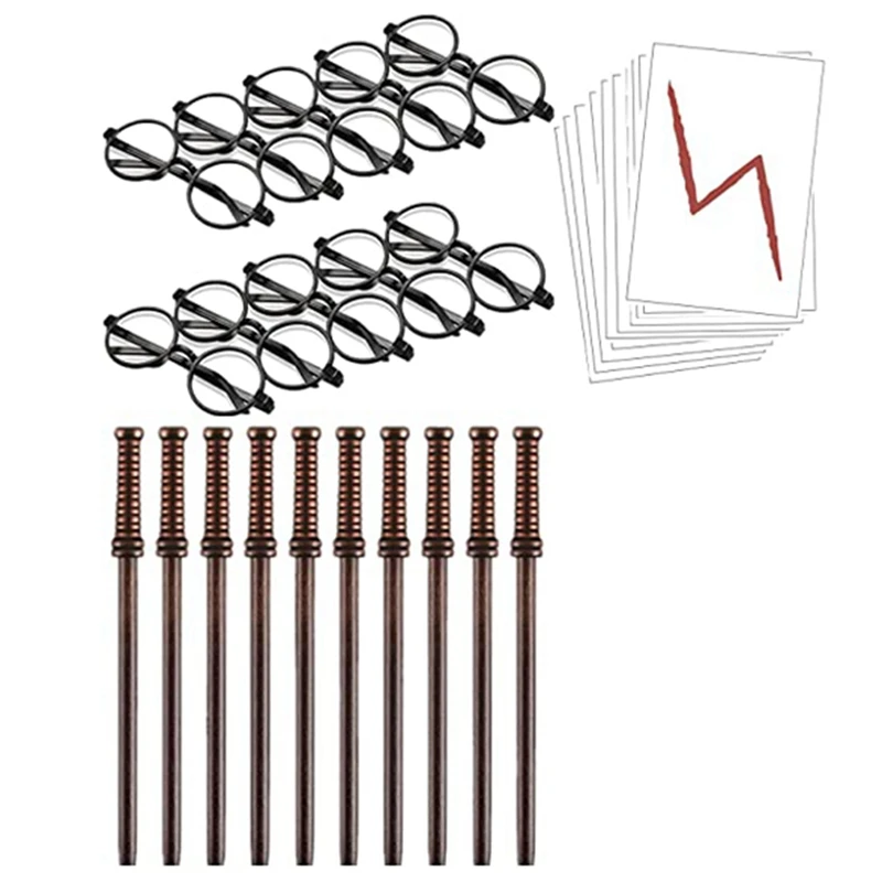 

30 Pcs Wand Pencils Bolt Tattoos Stickers Costume Glasses With Round Frame Party Supplies Set Wizard Wand