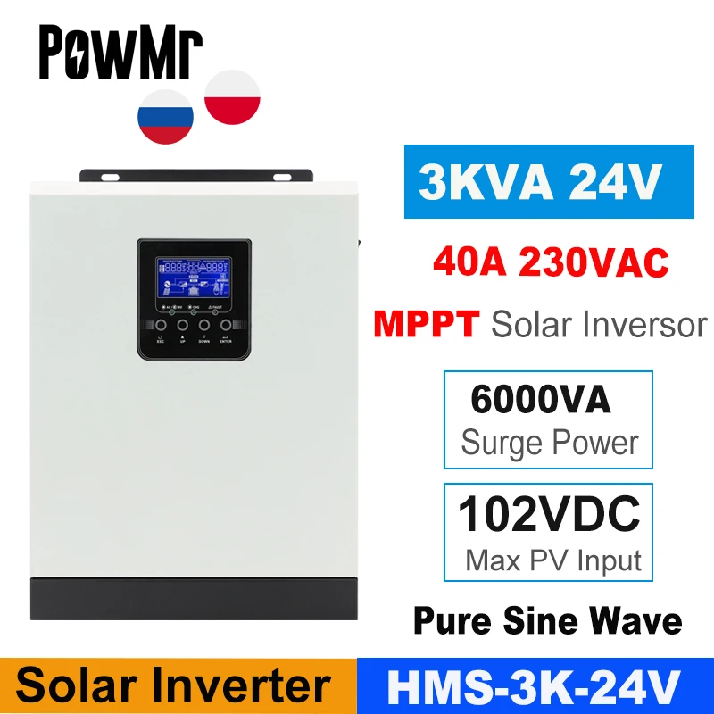PowMr-Inversor Solar de 2400W, Inversor híbrido de onda sinusoidal pura de 3KVA, 220V, controlador MPPT integrado de 40A, cargador de batería de 24V
