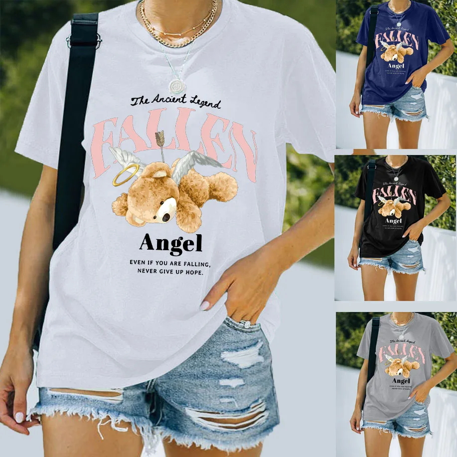 

Kawaii Angel Bear Print T shirt For Women Y2k Streetwear Summer футболка жіноча Simple Student O-neck Short Sleeve Tops New Tees