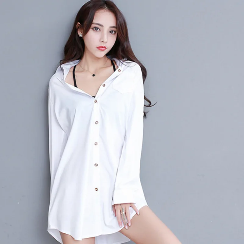 

#3055 Long Shirts Women Long Sleeve Sexy Asymmetrical Chiffon Shirts White Buttons Sunscreen Sexy Female Shirts Thin Spring 2022