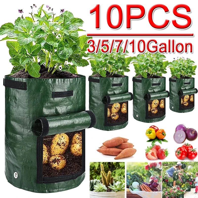 

10PCS Spot PE potato planting bag potato tomato vegetable cultivation Grow barrel breathable belt window growth bag Garden Pots