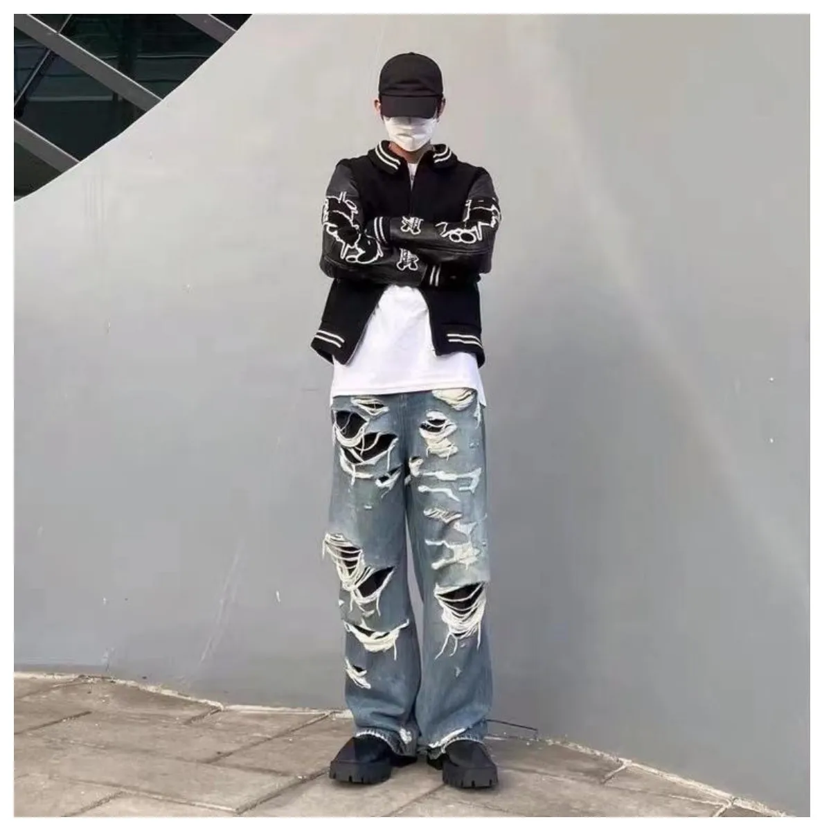 American Style Streetwear Washed Torn Jeans For Men And Women's Street Hip-Hop Loose Wide Leg Straight Leg Pants Fashion Style