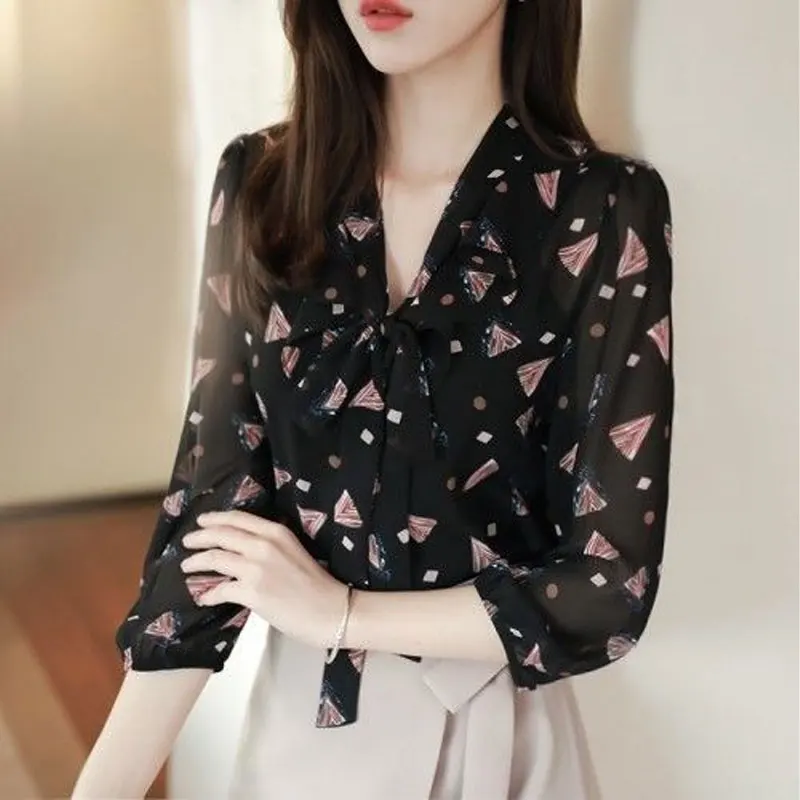 

Female Clothing 3/4 Sleeve Printed Chiffon Shirt Spring Autumn Commute Stylish V-Neck Drawstring Bow Korean Spliced Loose Blouse