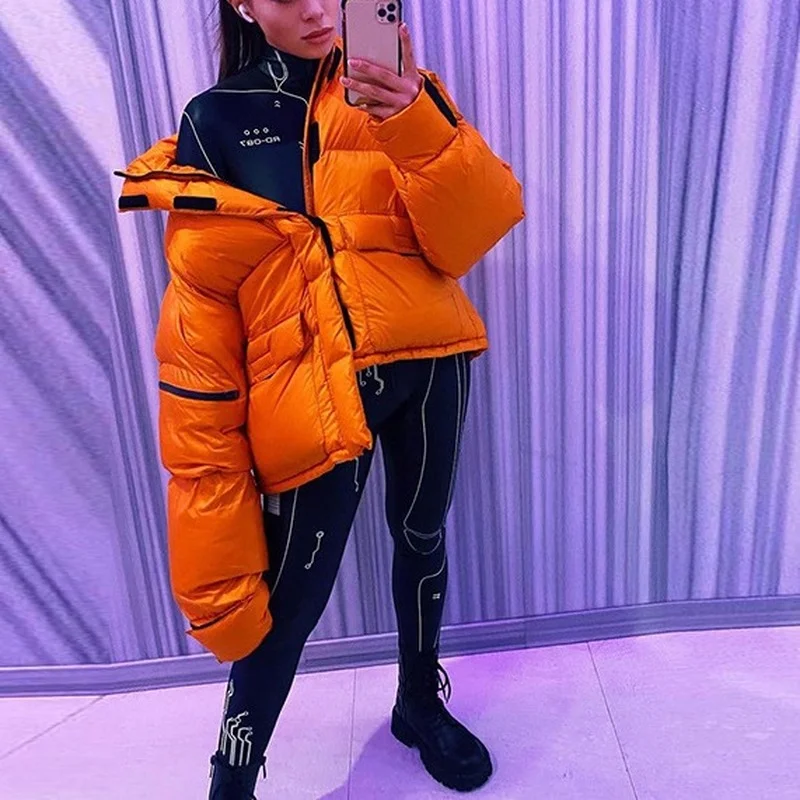 Puffer Jacket Parka Zip Up Cotton Jackets 2022 Winter Clothes Ski Suit Orange Bubble Coat Warm Solid Color Casual Street Outwear