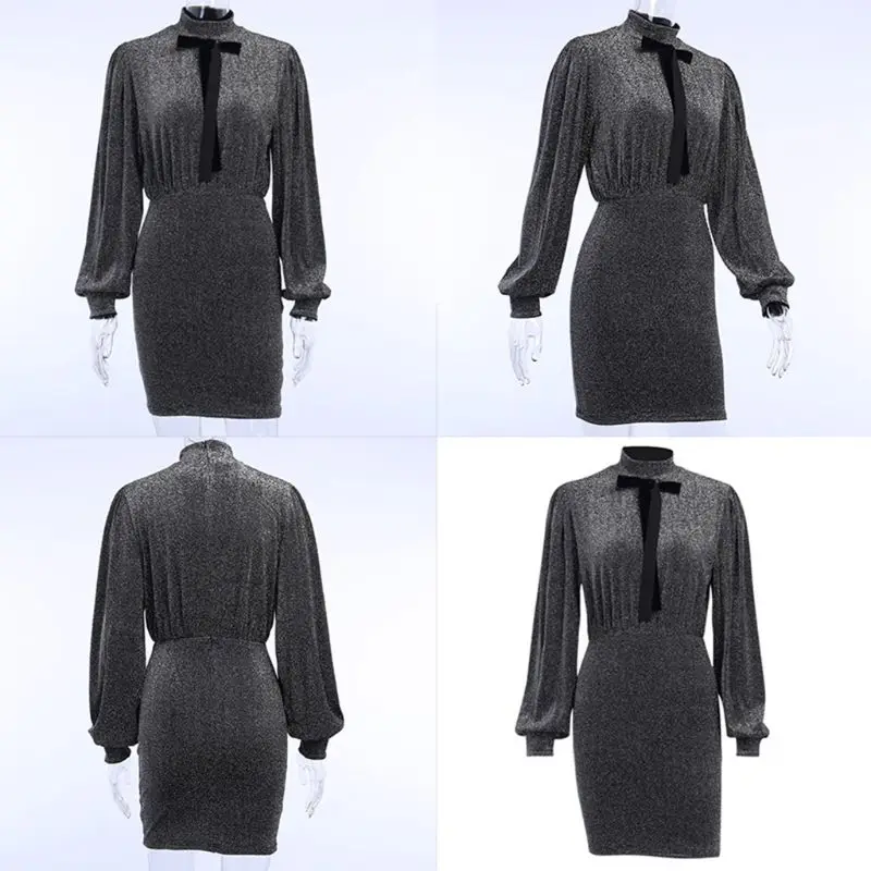 

Женское облегающее мини-платье с рукавами-фонариками, водолазка с бантом, блестящая Клубная одежда для вечерние НКИ P8DB