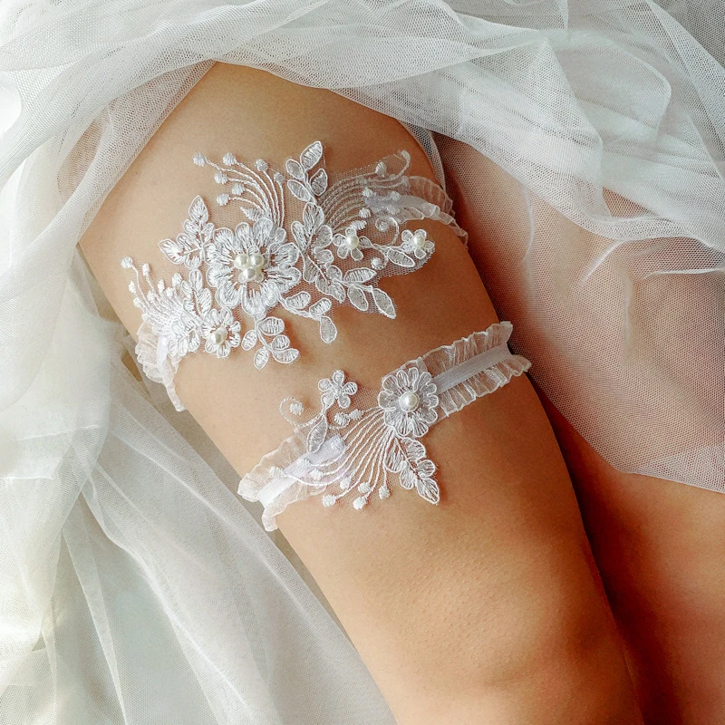 

2 шт. Подвязки для невесты с белой вышивкой цветочные жемчужные петли пикантные Подвязки для ног женские свадебные кружевные петли для ног для бедра