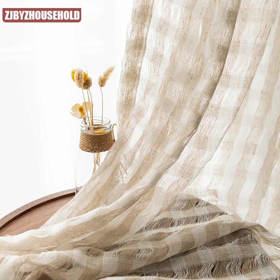 

Japanese Pastoral Wrinkle Texture Bedroom Tulle Curtains Hollow Grid Design Window Screen Gauze Voile for Living Room