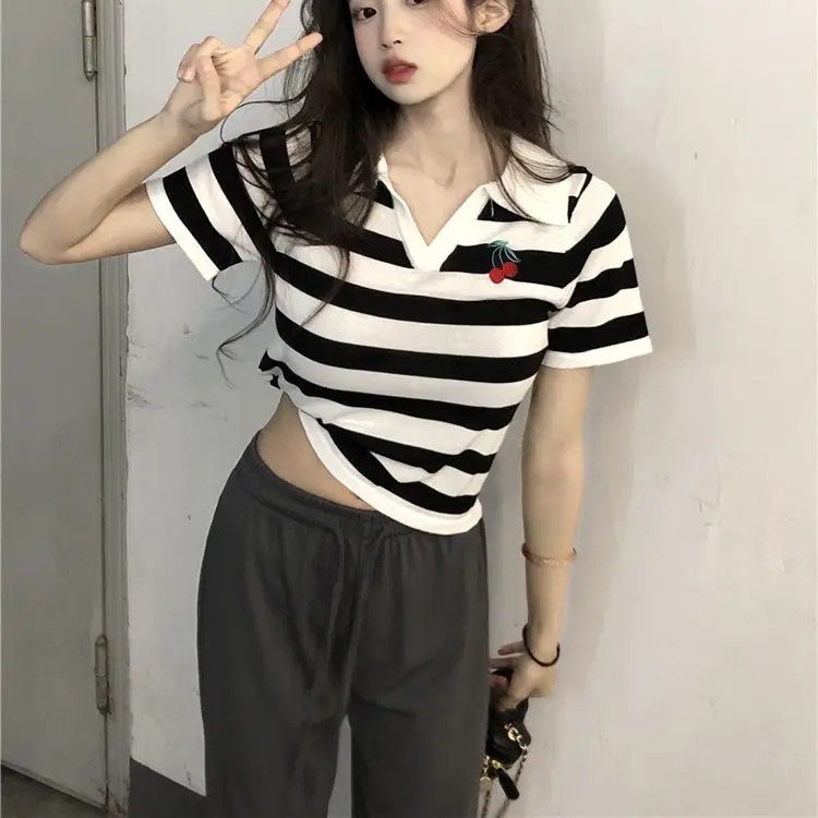 

Cherry Embroidered Retro Striped Short Sleeve T-Shirt Women's Polo Collar Crop Top Sweet Casual Student Pullover Summer Y2K Tops