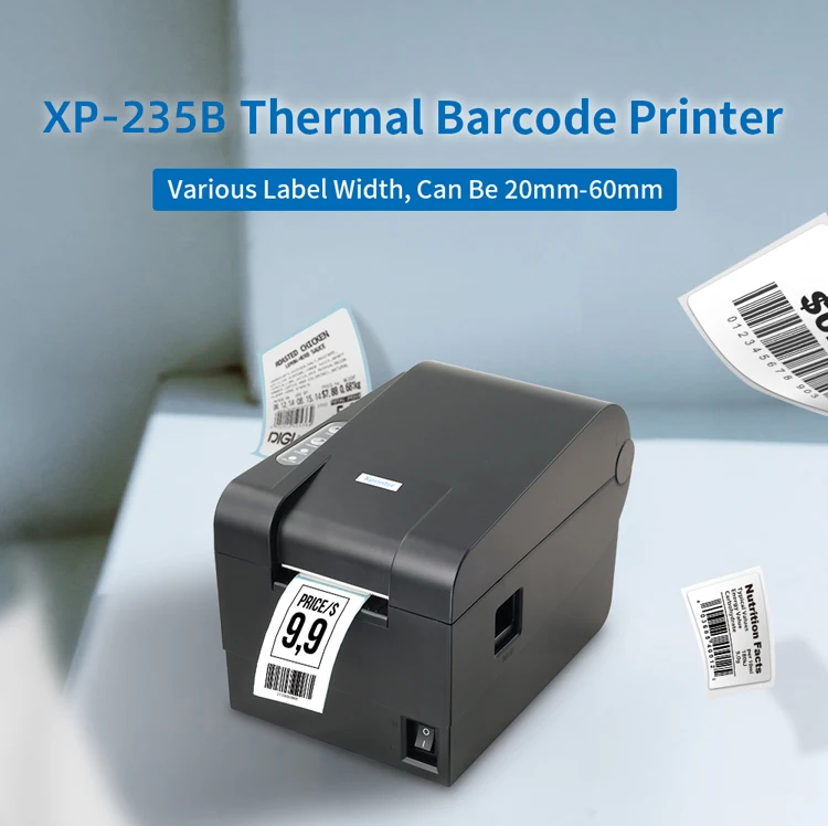 Фото Принтер этикеток и чеков Xprinter XP-235B с двойным режимом печати, термопринтер для POS-систем, 58 мм, для штрихкодов и наклеек №1