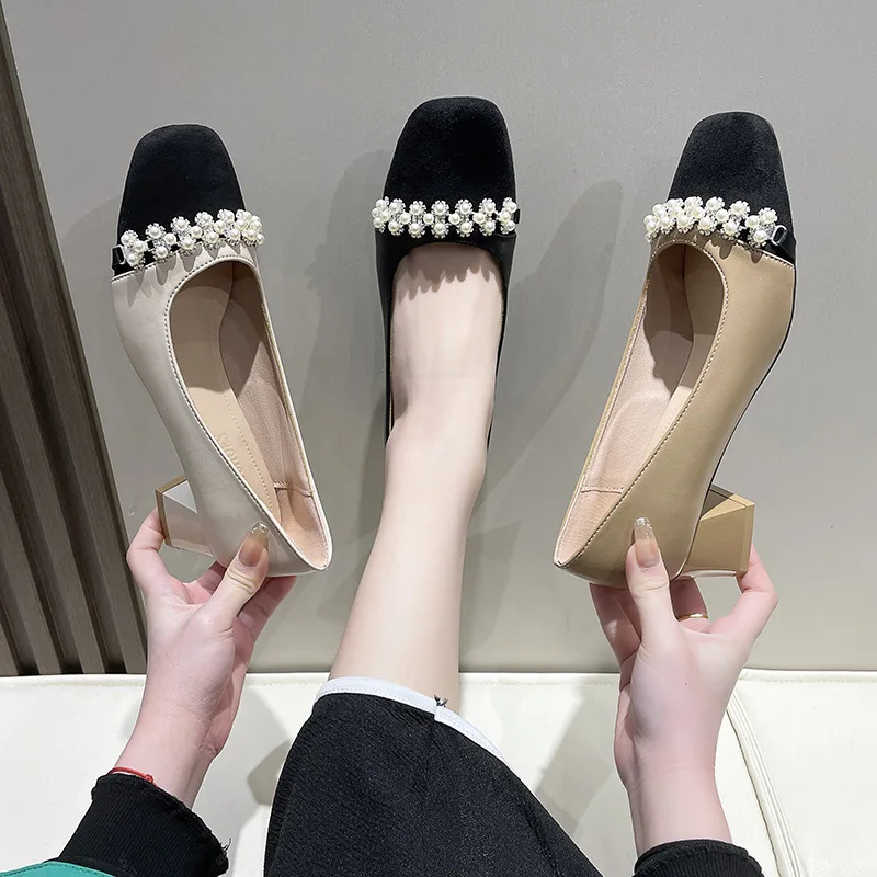 2023 Spring And Autumn New French Square Headed Thick Heels and Shallow Mouth Colored Beaded Thick Heels for Women Shoes