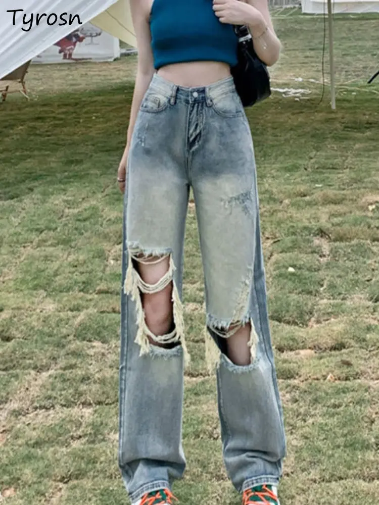 

Джинсы женские шикарные элегантные уличные винтажные повседневные Прямые нежные простые дырки Универсальные женские джинсовые летние свободные в Корейском стиле