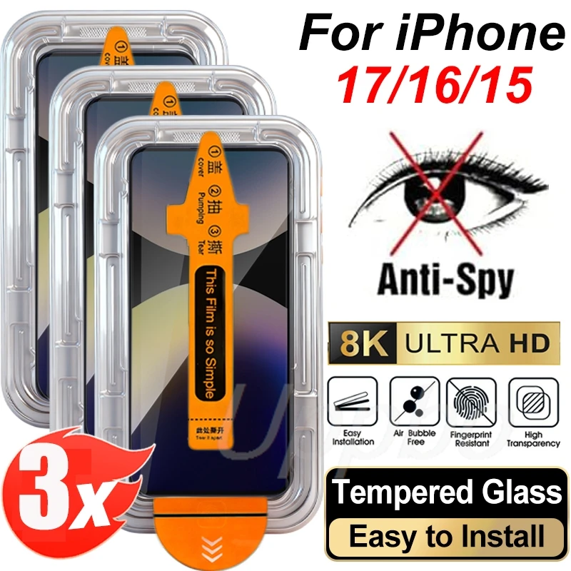 Фото Комплект из 3 защитных стекол для iPhone (17, 15 Pro Max, 11, 13, 16, 12 Mini, 14 Plus, 16e, XS, XR, 6, 7, 8) с защитой от подглядывания, закаленное стекло №1