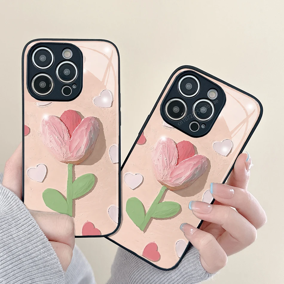 

Oil Painting Pink Tulip Cream Glass Phone Case For iPhone 14 13 12 11 Pro Max Mini XS Max X XR 7 8Plus Se2 Protection Back Cover