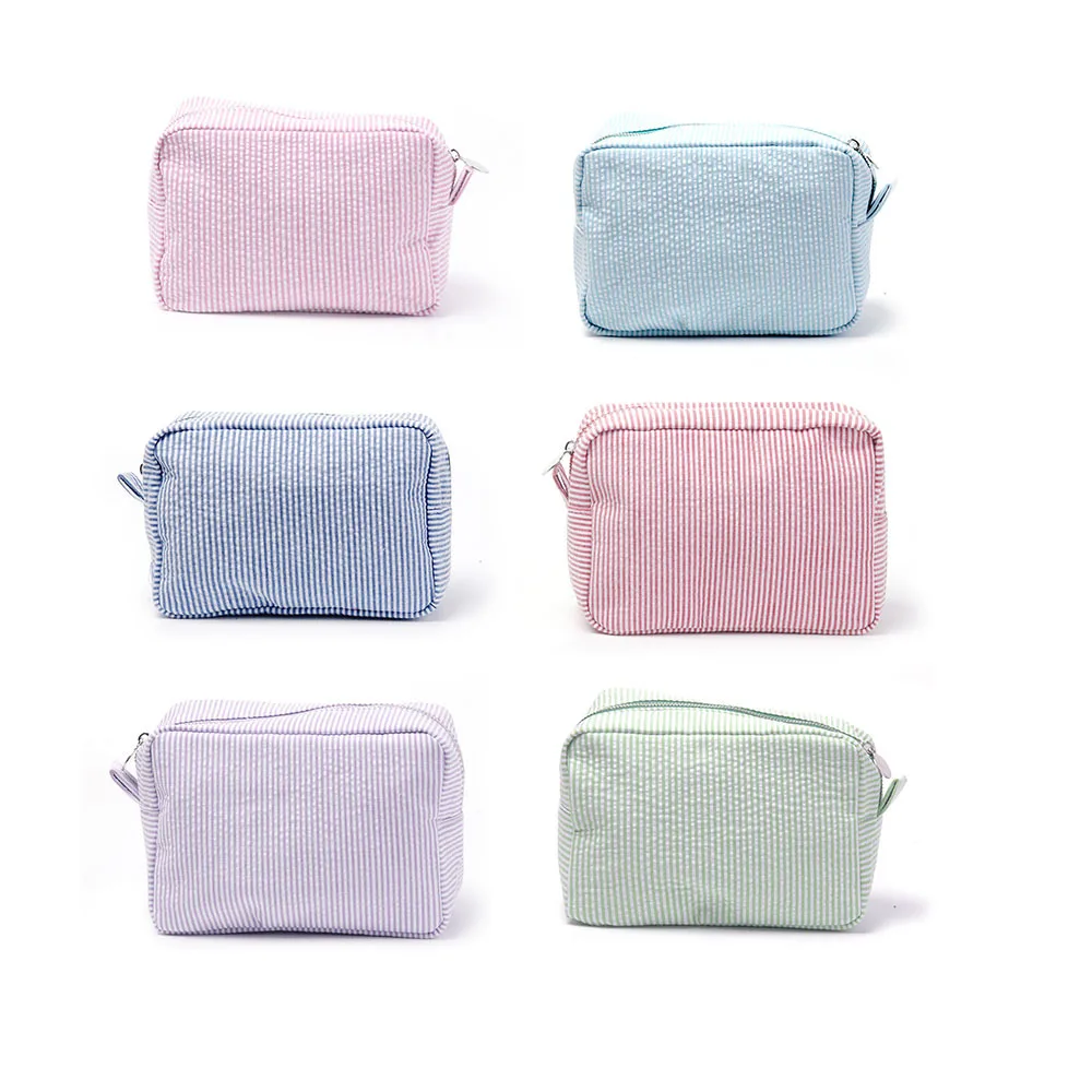 

Seersucker Ruffle Cosmetic Bags Pink/Purple Striped Storage Make Up Bags For Women Lady With Zipper Travel Bag