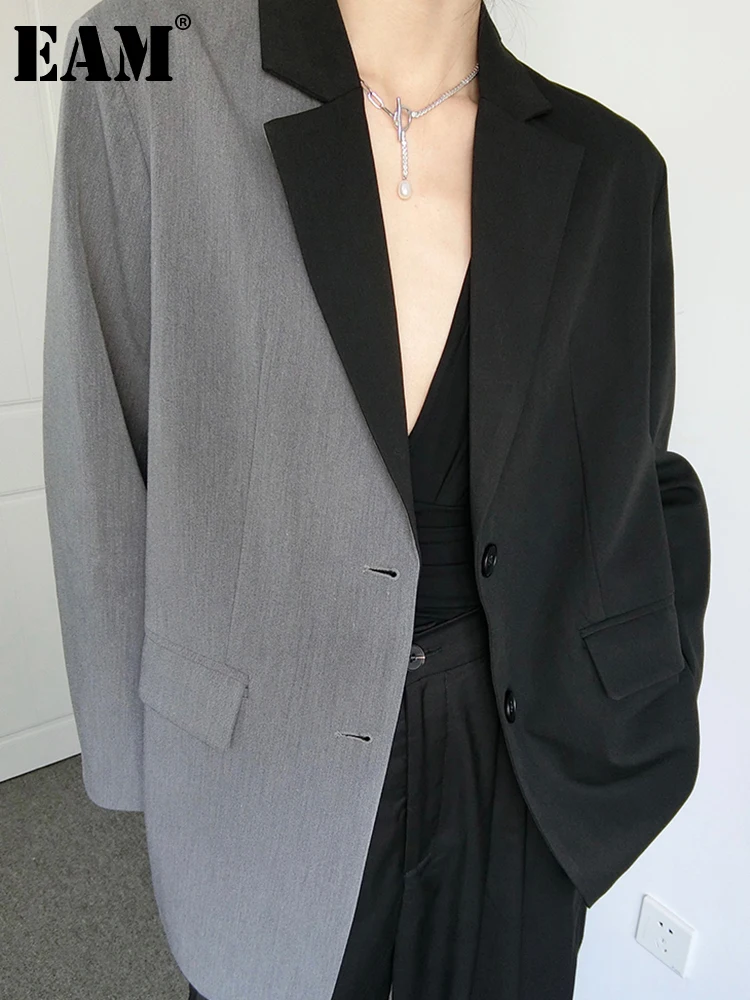 

[EAM] Women Black Gray Color-block Big Size Blazer New Lapel Long Sleeve Loose Fit Jacket Fashion Spring Autumn 2023 1DE8808